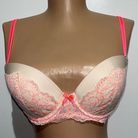 Victoria's Secret Pink Cream Dream Angels Lined Floral Lace Demi Bra Size 34C - Picture 1 of 7